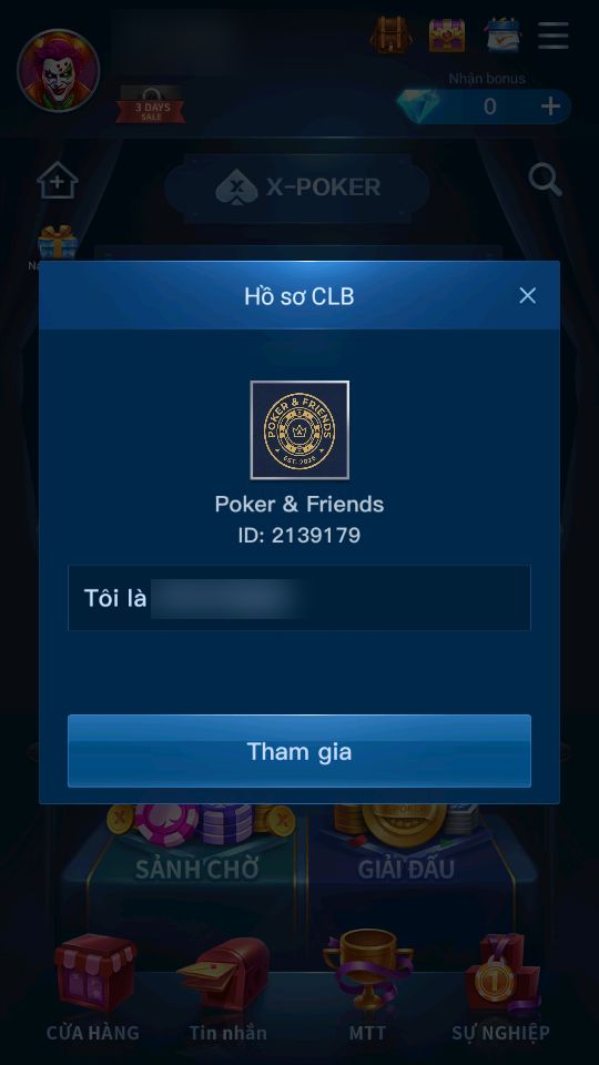 Hồ sơ CLB Poker & Friends, nút Tham gia