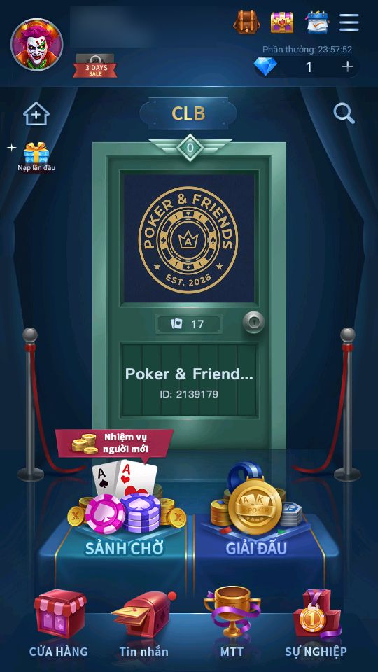 Cửa câu lạc bộ Poker & Friends trên màn hình chính